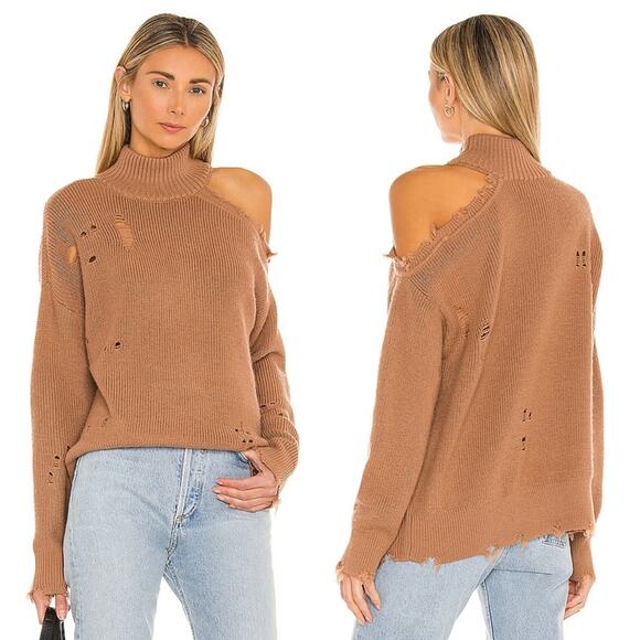 LOVERS + FRIENDS Arlington Distressed Off Shoulder Wool Sweater Tan Relaxed Fit - Picture 1 of 13